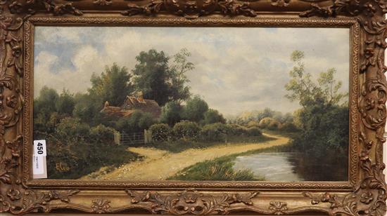 E. Cole (19th century), oil on canvas, Rural landscape with cottage, signed l.l, 29 x 60cm